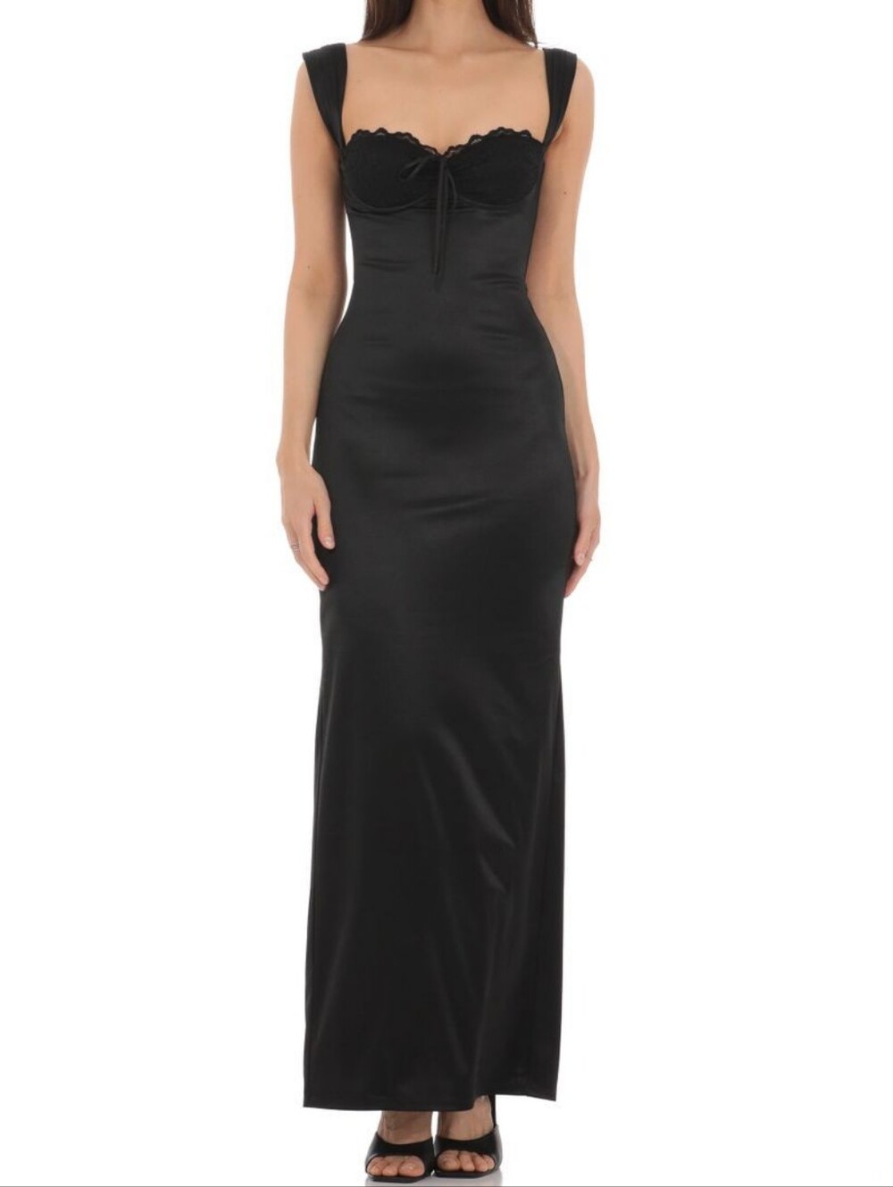 Lucy In The Sky Satin Lace Maxi Dress in Black Size L